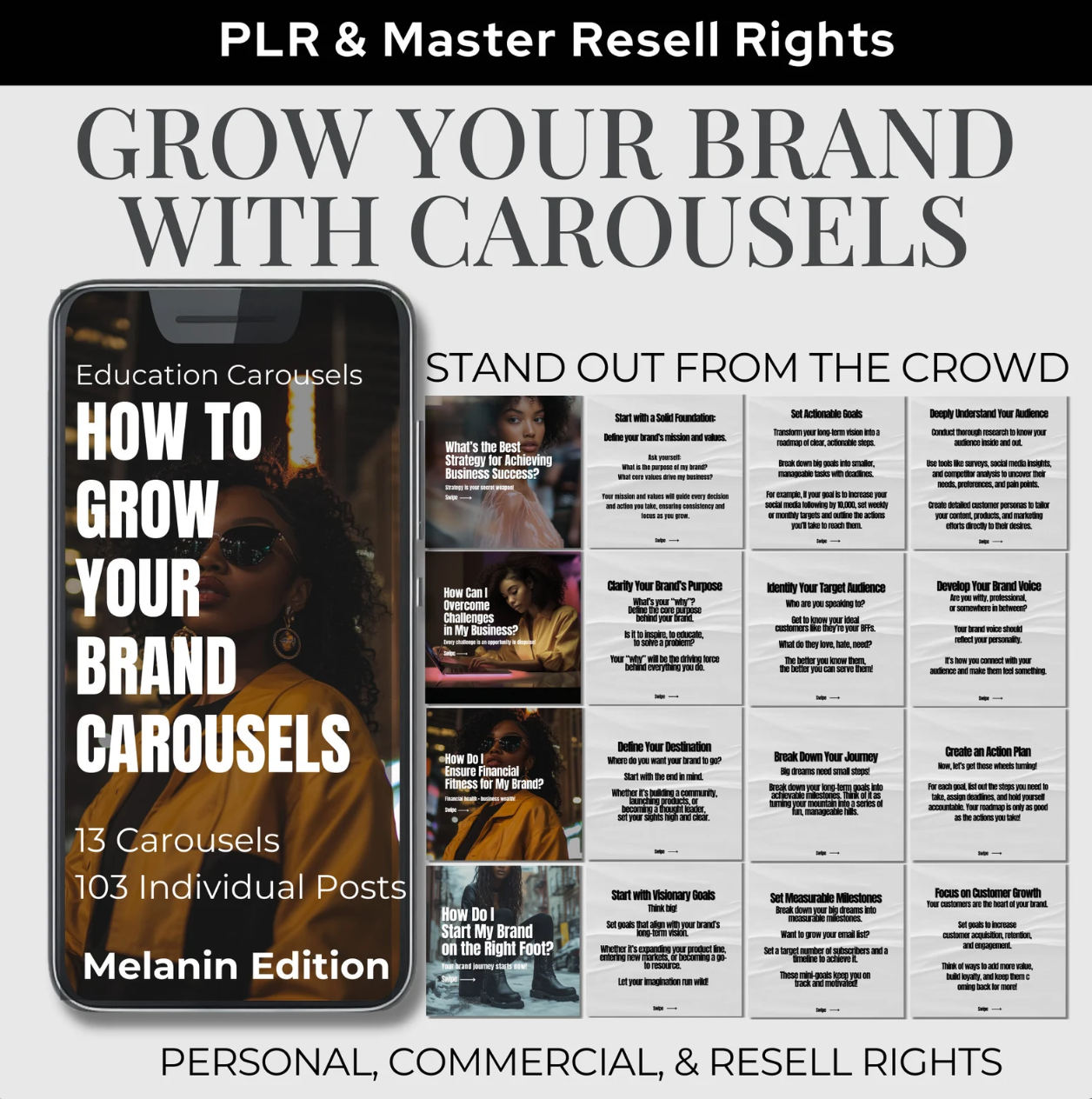 Instagram Carousel MRR Social Media Templates Marketing Carousels PLR MELANIN women Carousel Templates Faceless Instagram Marketing