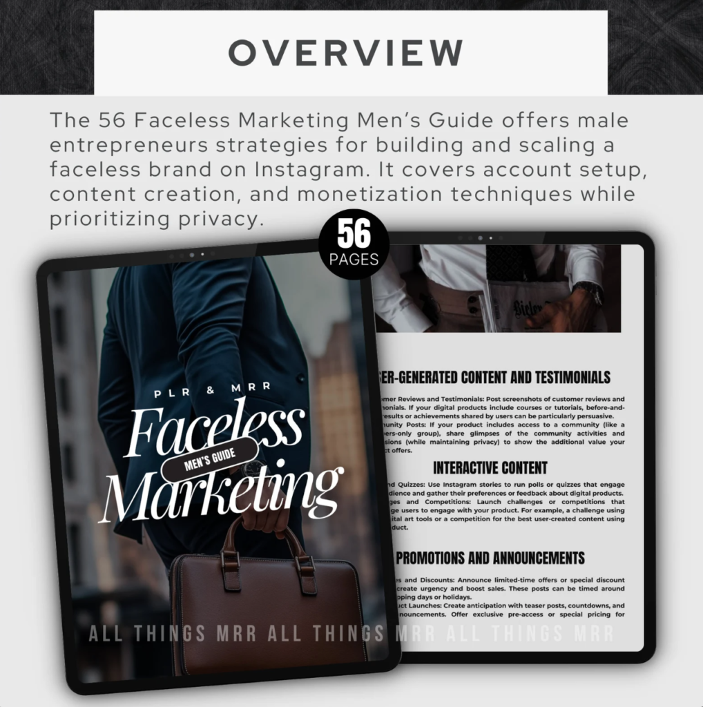 Faceless Marketing Men’s Guide MRR DFY Build a Faceless Instagram Brand Digital Products Ideas Monetize & Scale Your Faceless Business